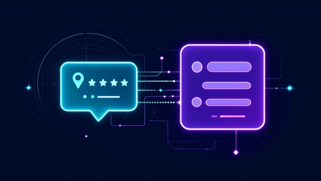 ApexGEO editorial illustration of a verified local business profile card feeding review and location signals into an AI answer panel