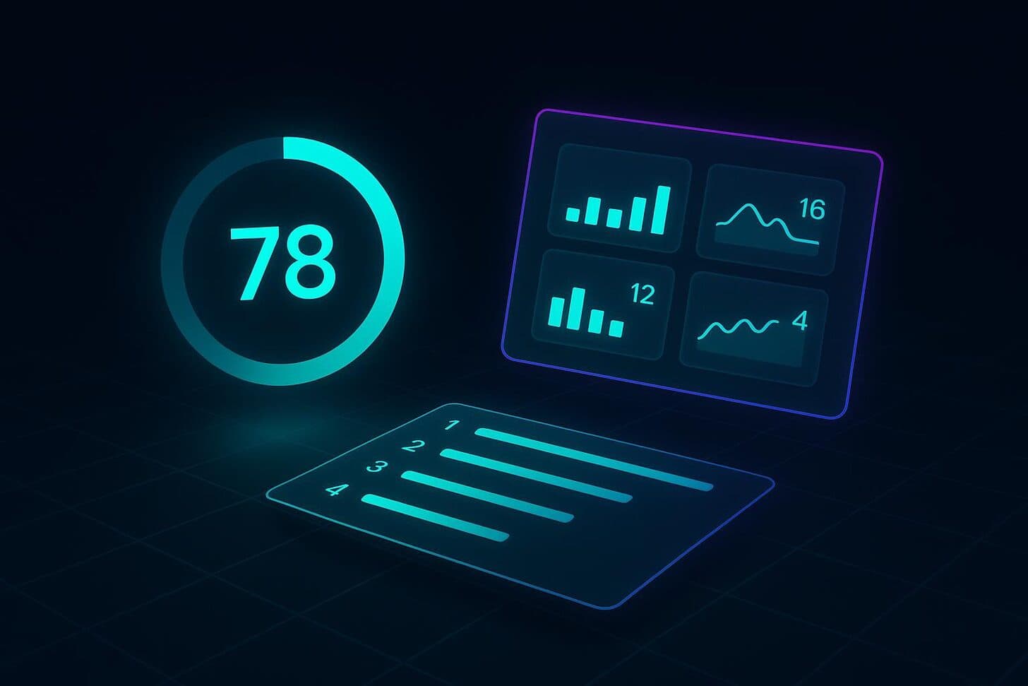 Dark product illustration of a visibility score gauge beside measured-metric tiles and a ranked list.