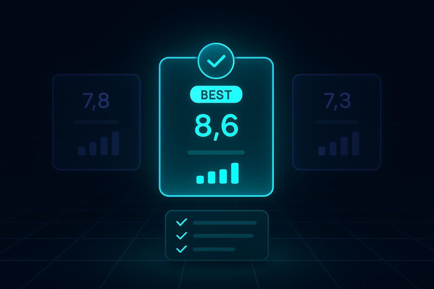 Dark product illustration of three platform option cards with the best one highlighted, checked and badged, above a criteria checklist.