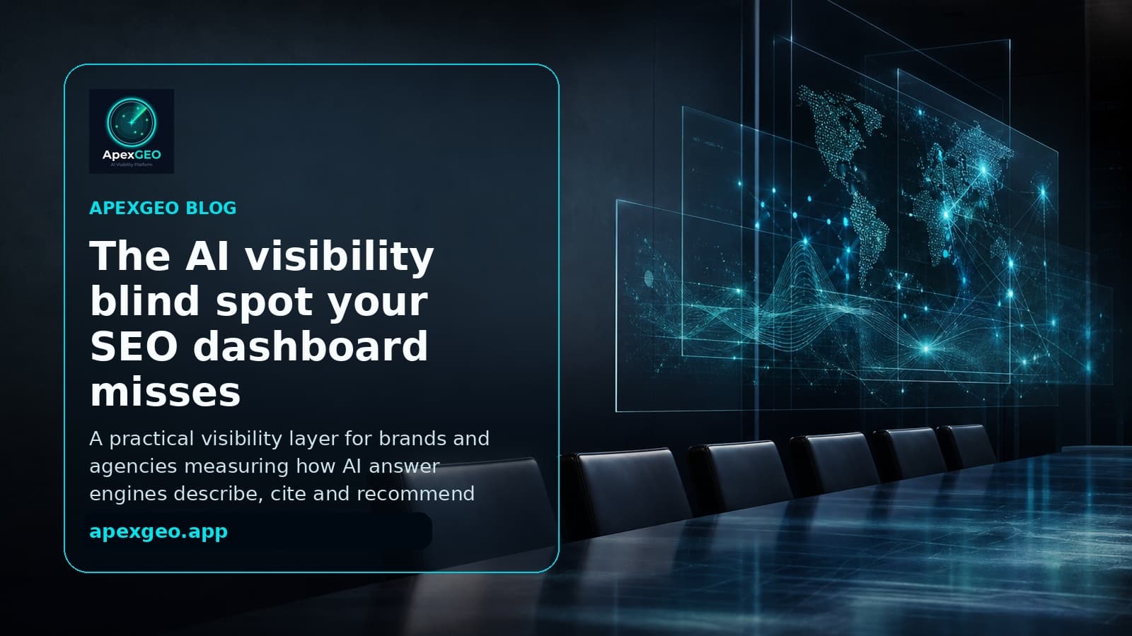 ApexGEO blog hero showing AI visibility beyond the SEO dashboard in a premium intelligence-dashboard setting
