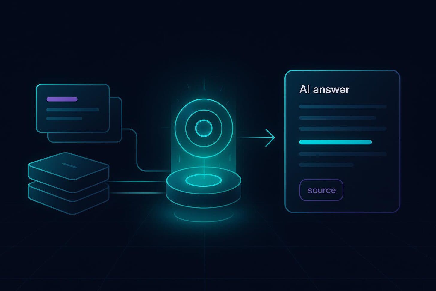 Dark product illustration of content cards feeding a generative-engine core that outputs a cited AI answer, arranged left to right.