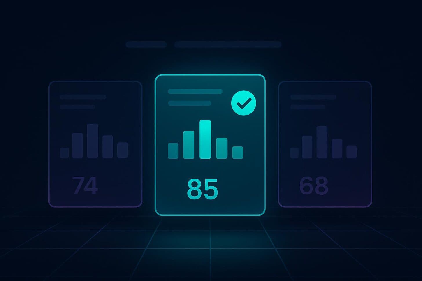 Dark product illustration of three tool cards compared by mention charts and scores, the winner spotlighted and checked.