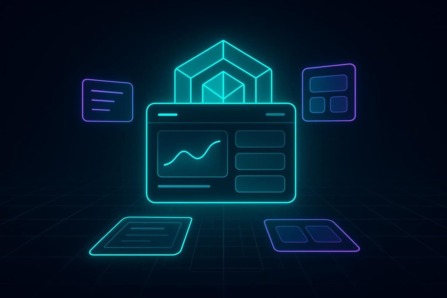 Dark product illustration of a glowing product dashboard window with an engine core and modular blocks assembling around it.