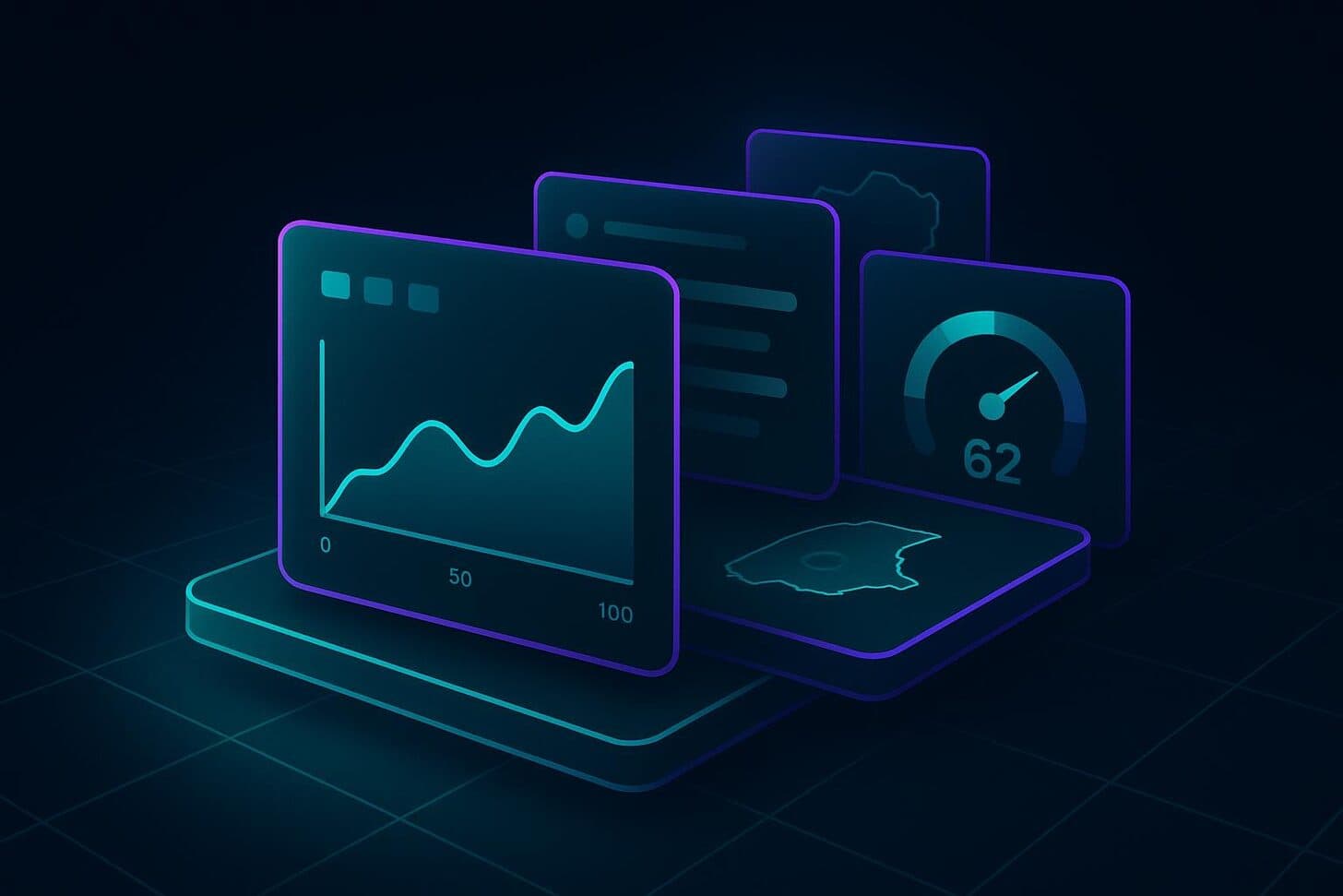 Dark product illustration of a layered stack of glowing dashboard cards - chart, list and gauge - angled in three dimensions.