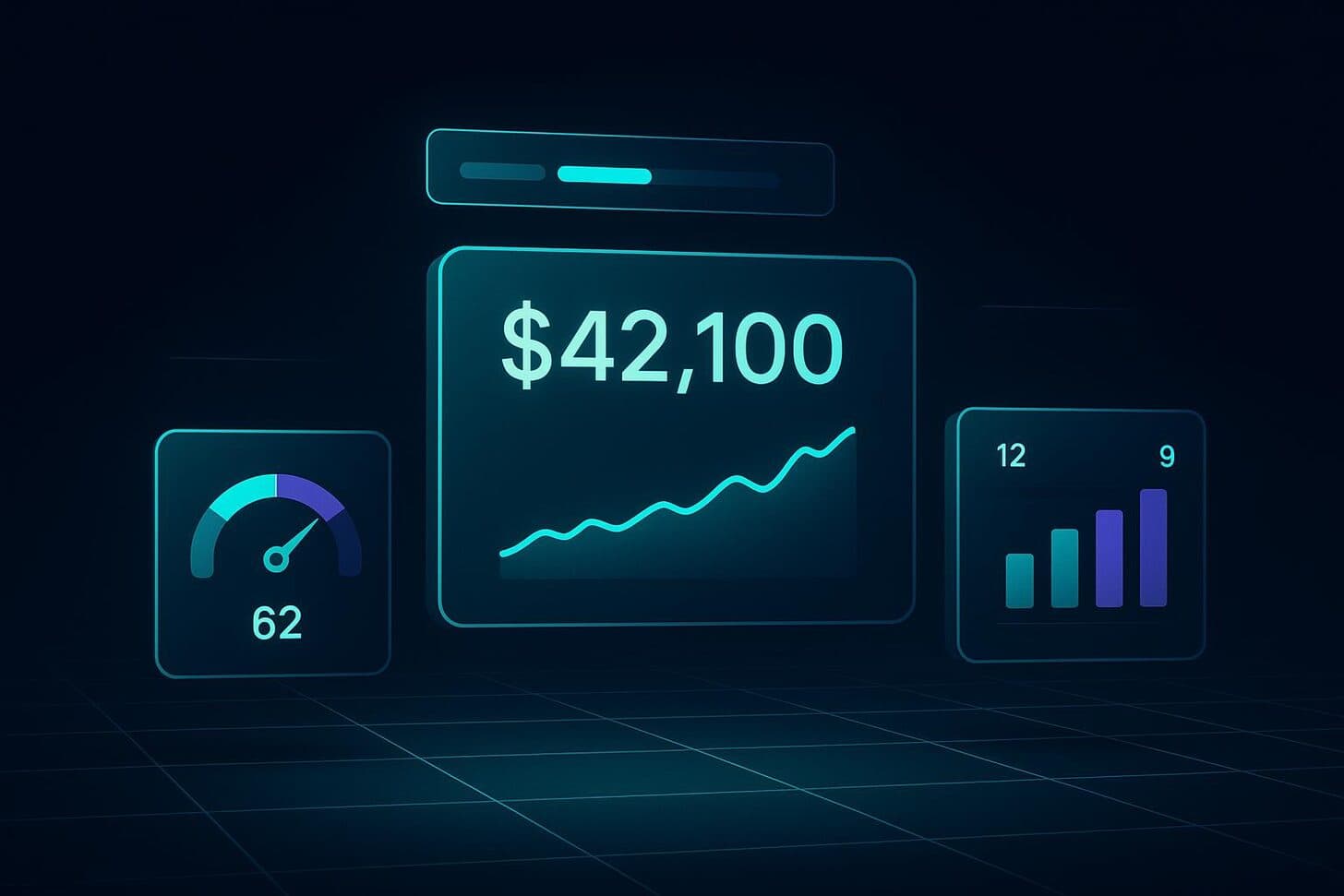 Dark product illustration of an executive KPI dashboard with a hero growth metric, a risk gauge and a competitive-position bar chart.